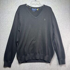 Polo Ralph Lauren Sweater Men Large Pima Cotton V-Neck Herringbone Gray Charcoal